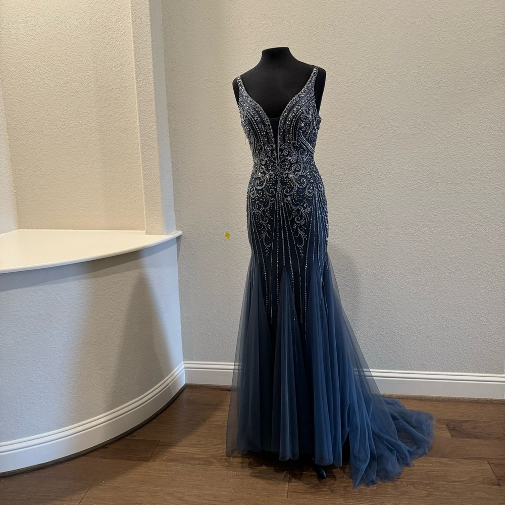 Camille La Vie formal gown blue crystals, size 2.